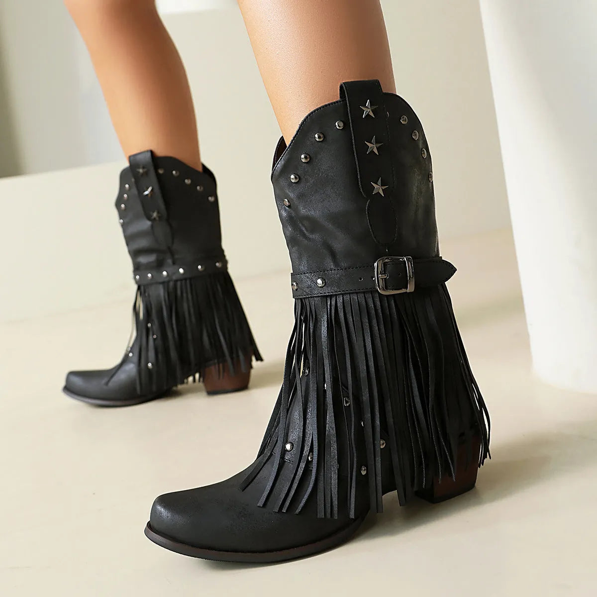 Women's Western belt buckle tassel middle boots in black with square toe and mid heel
