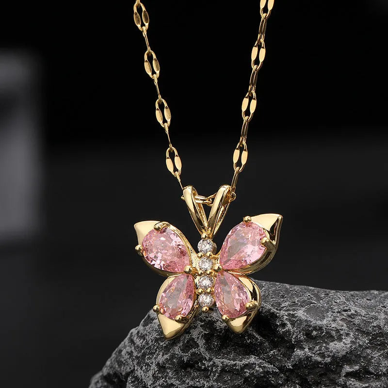 Titanium steel necklace with pink diamond butterfly pendant on O chain, anti-fade jewellery for women