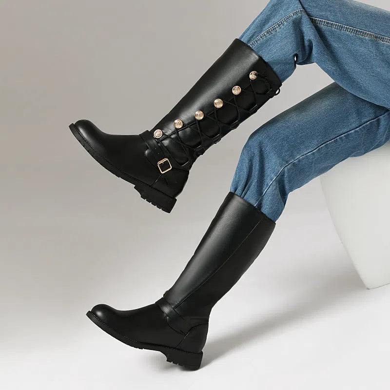 Women's high-top synthetic leather boots with chunky heel, side zipper, and round toe in black colour