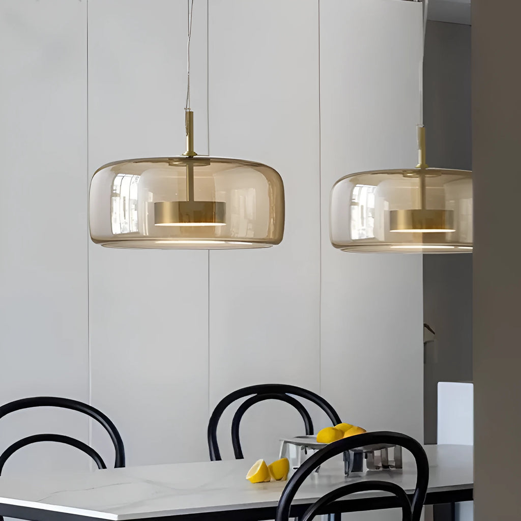 Single head glass pendant light with iron body, available in clear, cognac, amber, smoke grey, or coffee, adjustable height 1.5 m