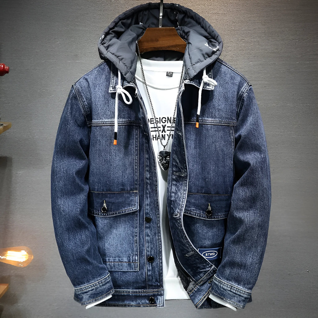 Men's loose hooded fleece jacket blue with patch pockets and raglan sleeves winter thickened cotton coat