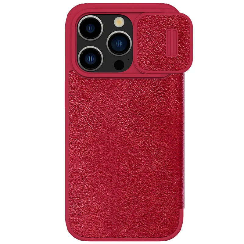 Black imitation leather flip phone case open next to an iPhone.