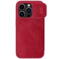 Black imitation leather flip phone case open next to an iPhone.