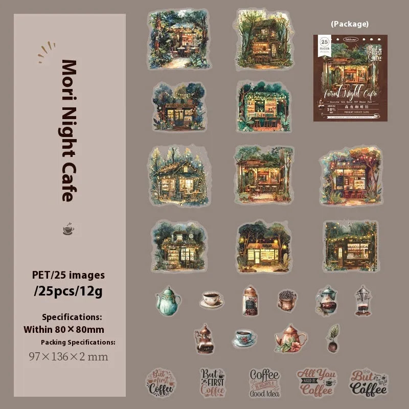 Encounter Cafe Series hand account sticker package with retro style, six colour themes, 25 or 75 stickers for scrapbooking