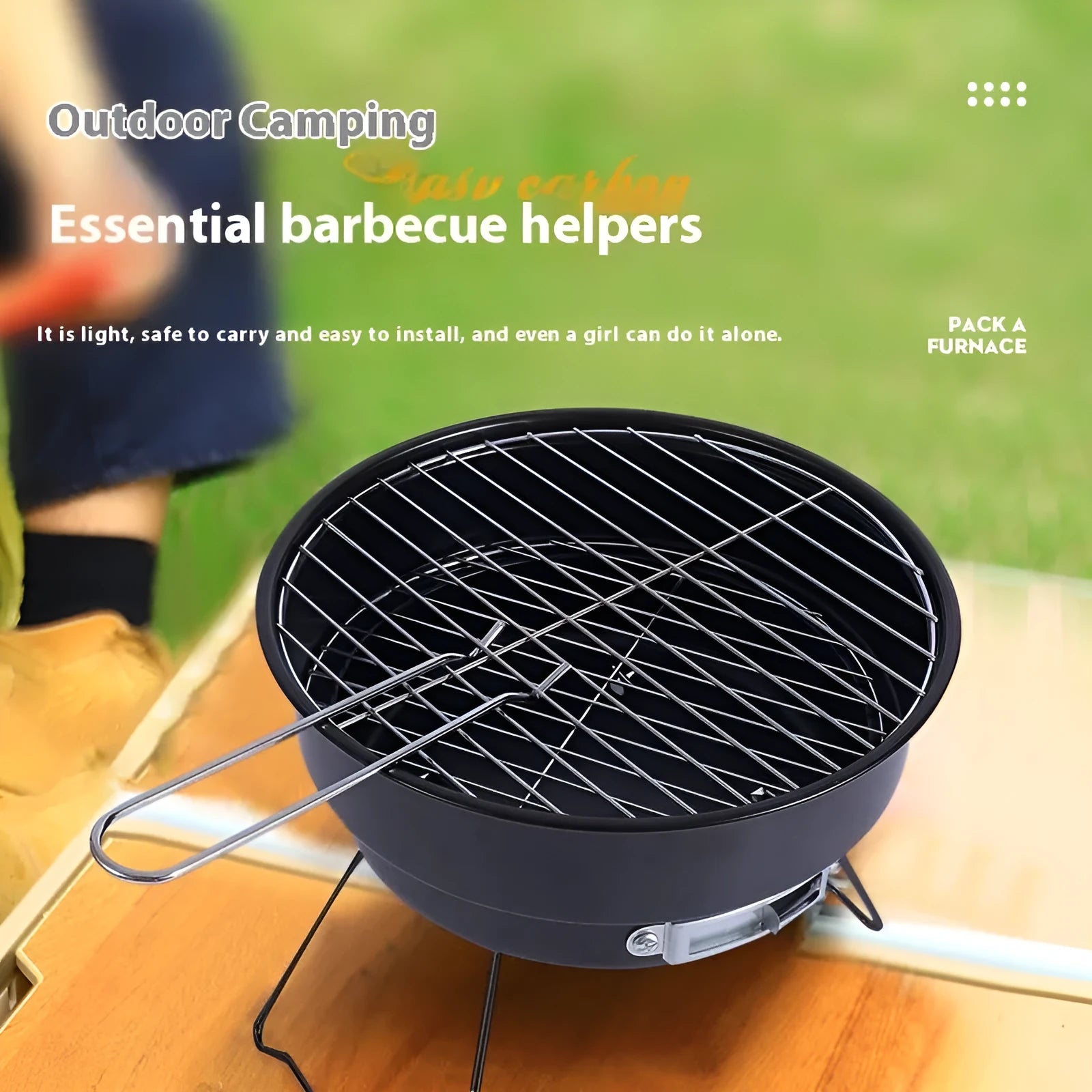 Small round folding metal ice stove with barbecue grill and mesh, packed in a carry bag.