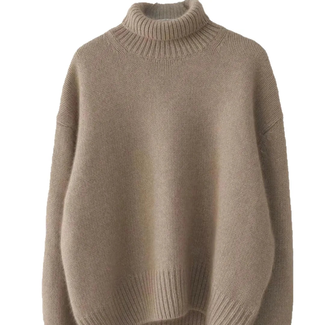 Women's high-neck loose knit pullover sweater in solid colour, thick knit, long sleeves, regular length