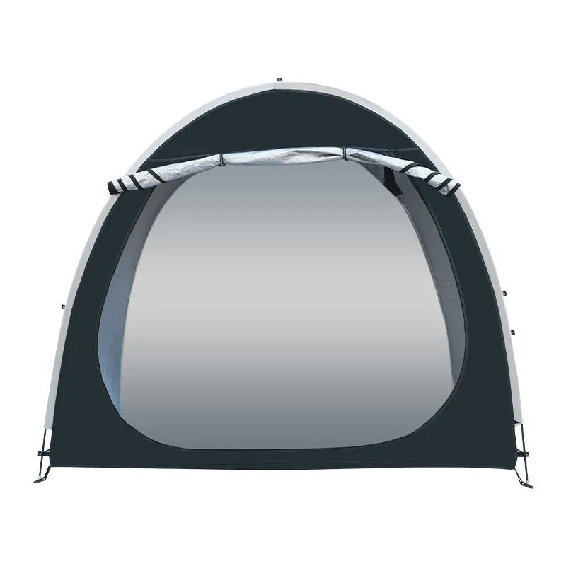 Large black outdoor bicycle storage tent showing roof design, suitable for 2-3 bikes.