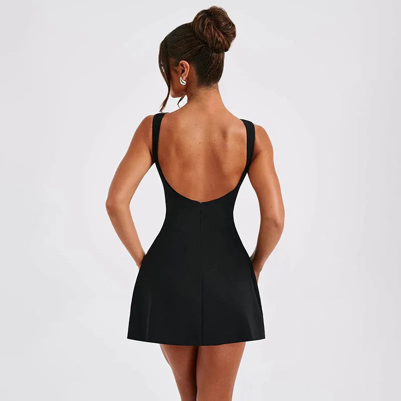 A sling-style backless short summer dress with a high waist, shown in a selected colour.
