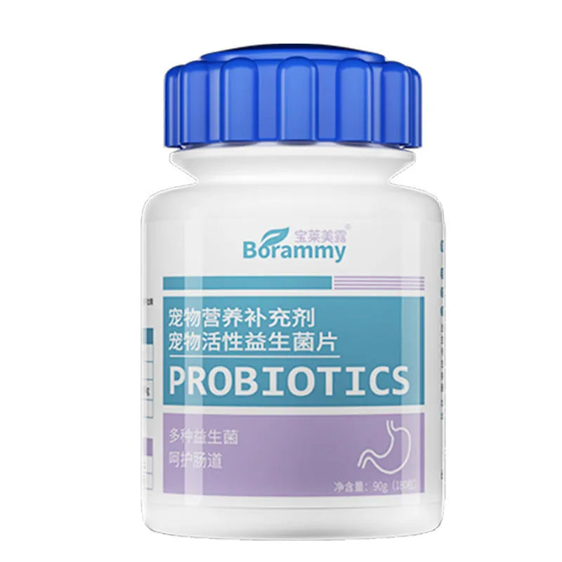 Sealed plastic bottle containing 180 small, round pet probiotic tablets on a plain background.