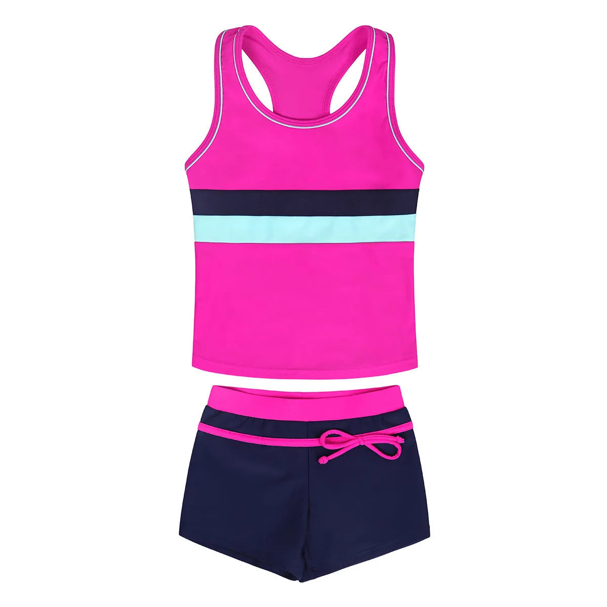 Girls two-piece split boxer swimsuit with chest pad in blue showing shirt and shorts on child model