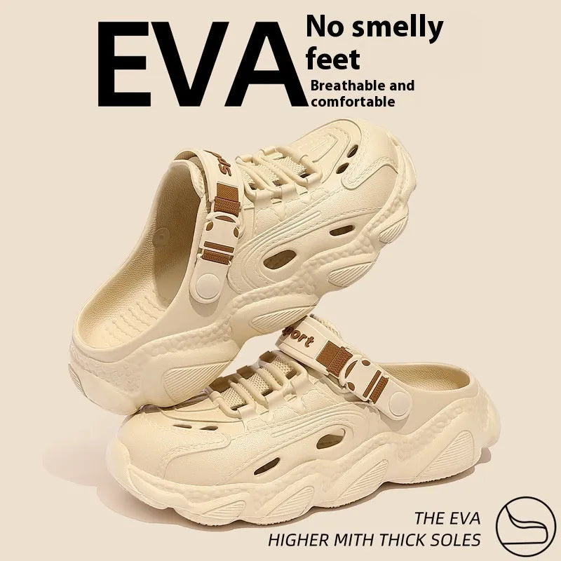 Men's khaki outdoor summer slippers showing hollow-out design and textured EVA sole