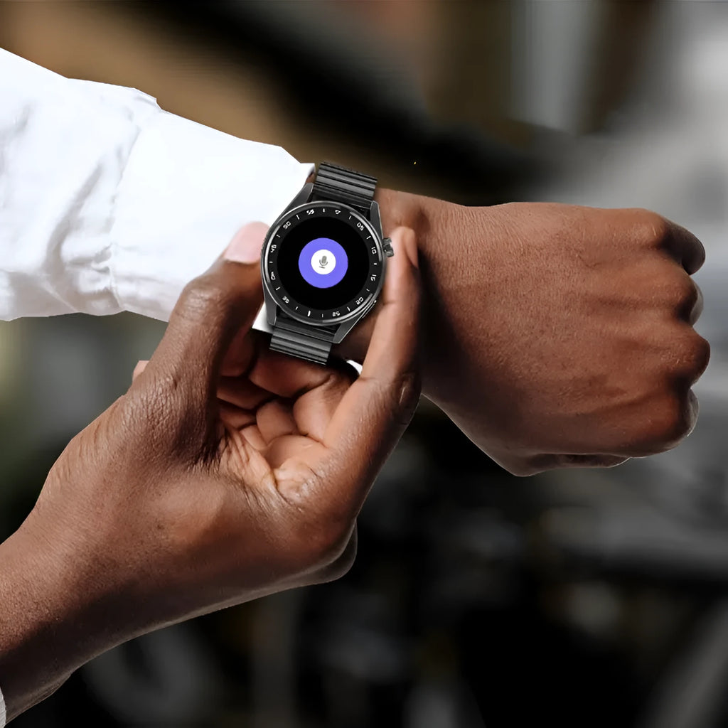 GT3Pro smart watch with black steel band showing heart rate monitor and Bluetooth calling functions on IPS screen