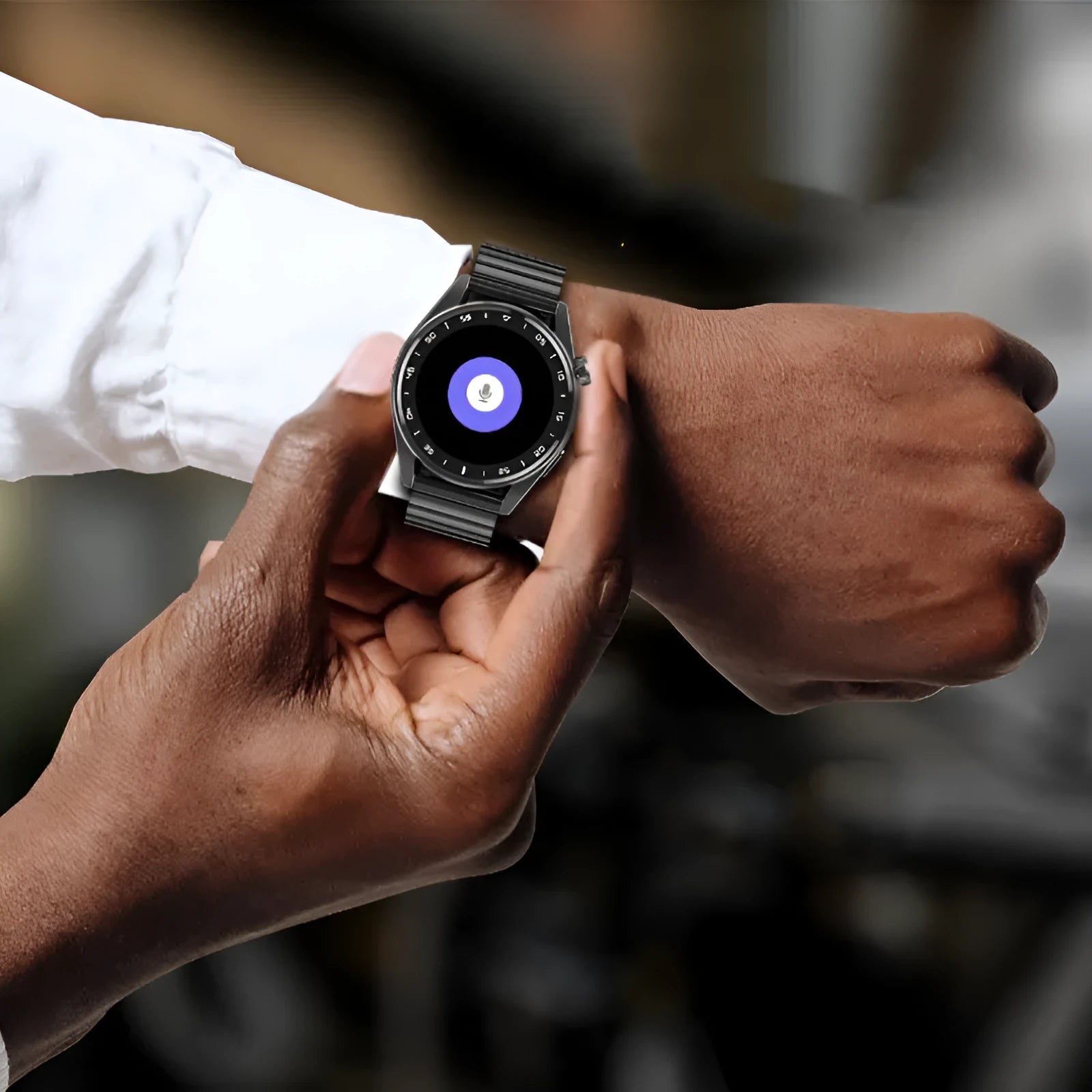 GT3Pro smart watch with black steel band showing heart rate monitor and Bluetooth calling functions on IPS screen