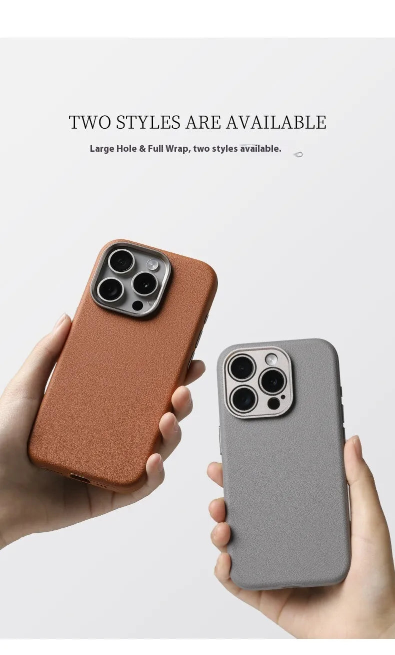 A black genuine leather iPhone case with a built-in metal alloy camera lens protector and MagSafe magnets.