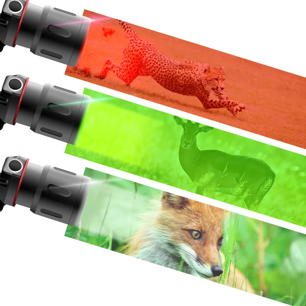 T6 LED zoom headlamp showing white, red, and green light modes on an adjustable headband.