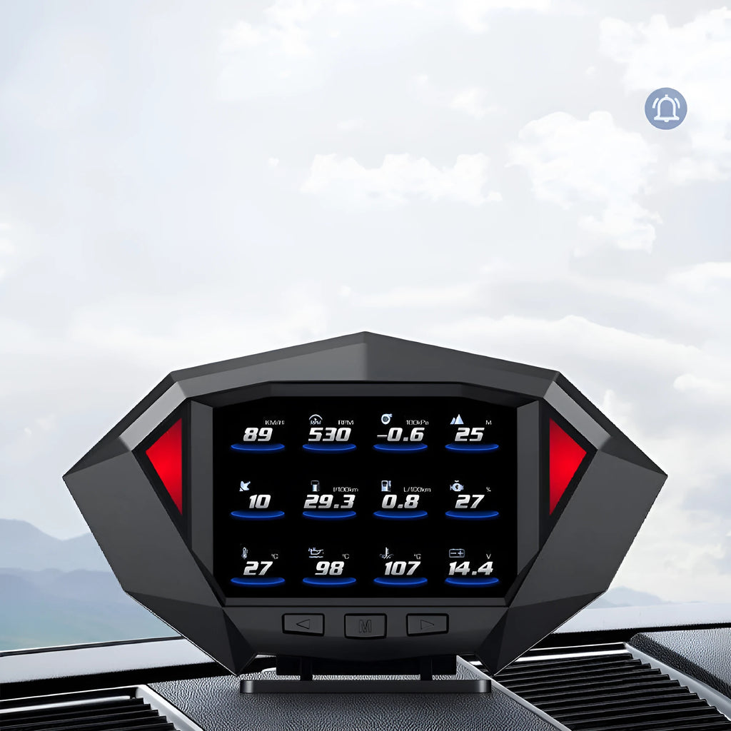 Black car head-up display HUD unit with OBD cable on a car dashboard.