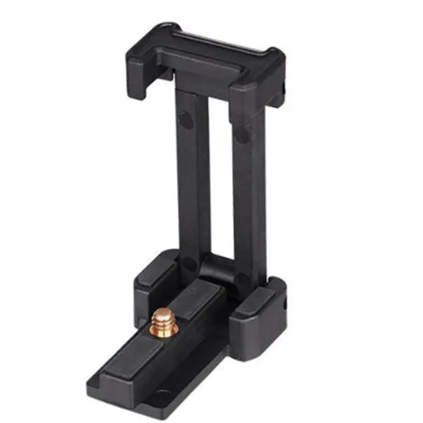Black plastic and aluminium desktop tripod stand holding a mobile phone.