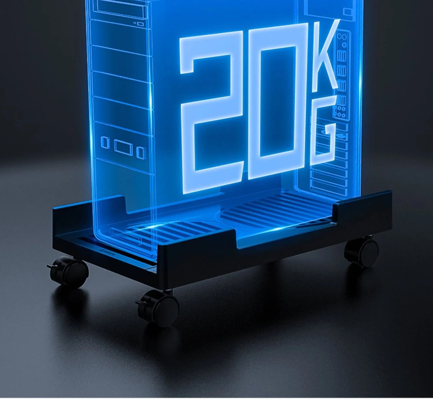 Orico black CPU floor stand with wheels on wooden floor, holding a PC tower vertically