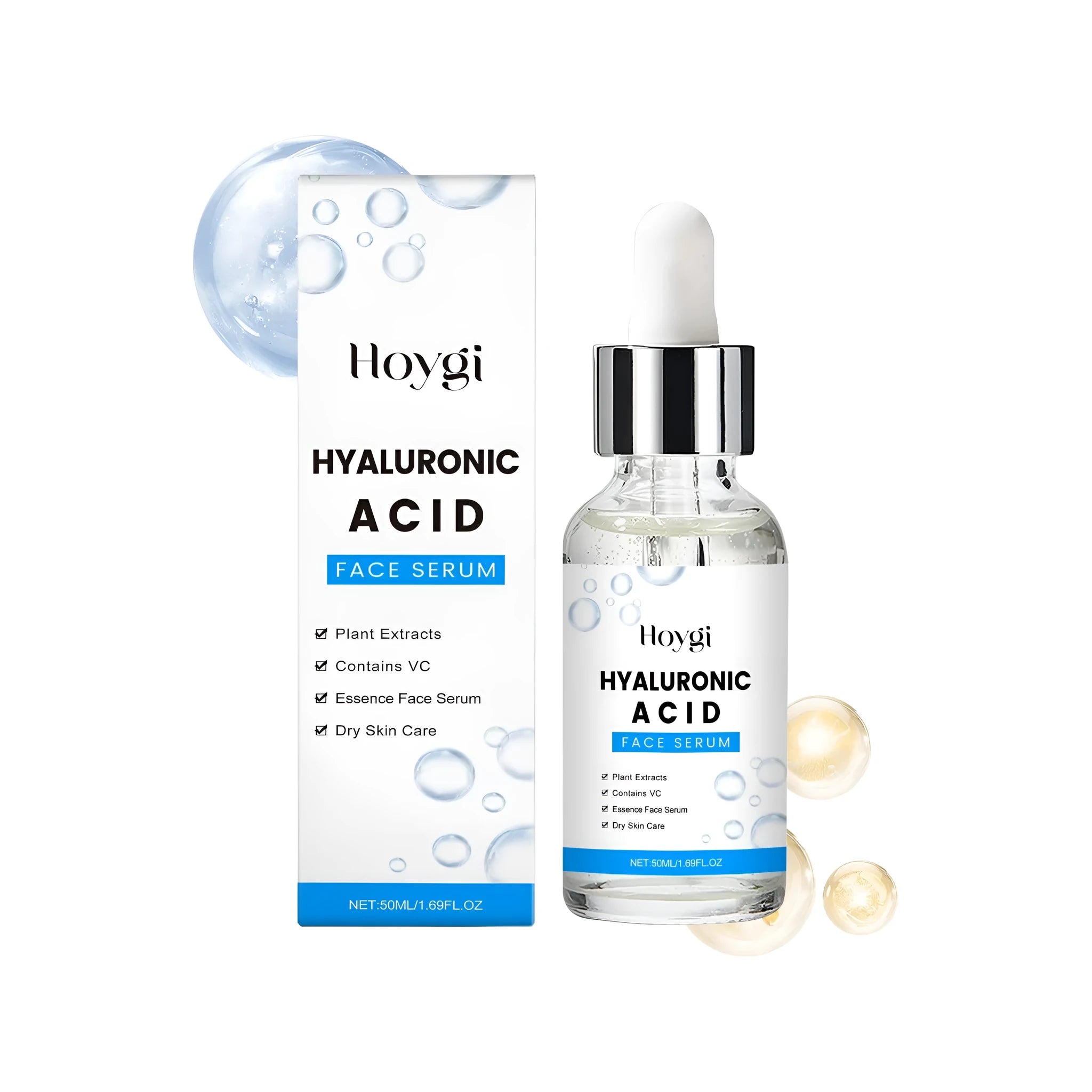 50ml bottle of hyaluronic acid face serum with vitamin C and Centella asiatica extract
