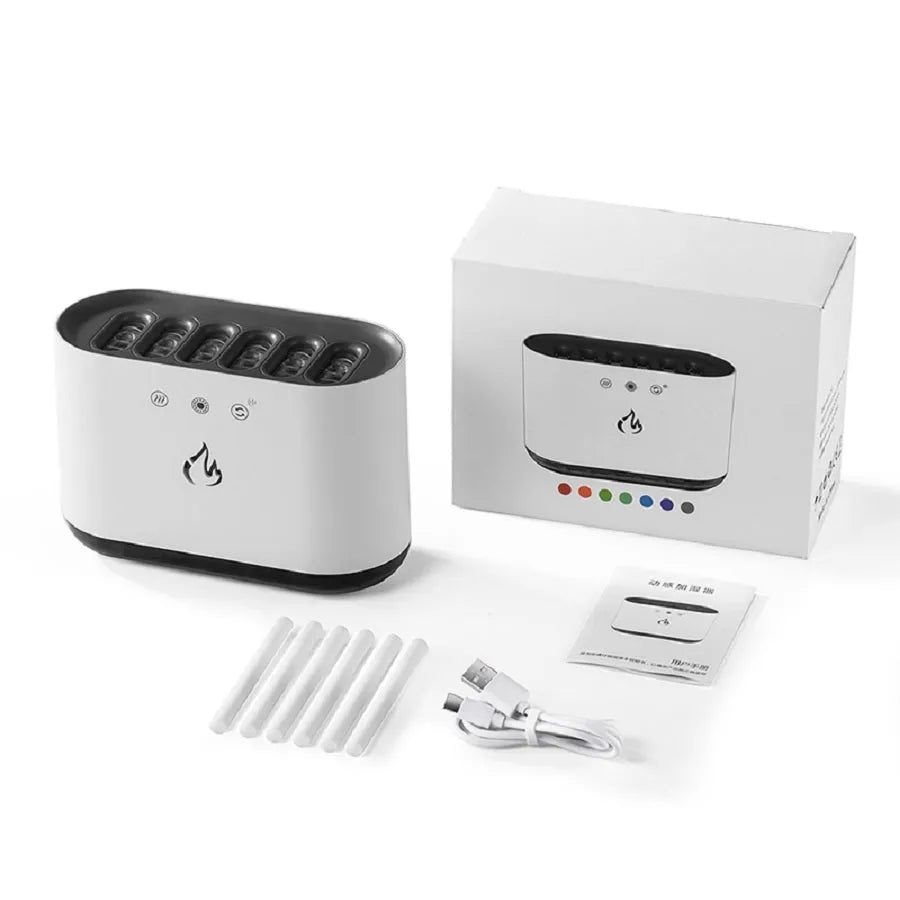White large-capacity household humidifier with LED colourful lights and aromatherapy function on a table.