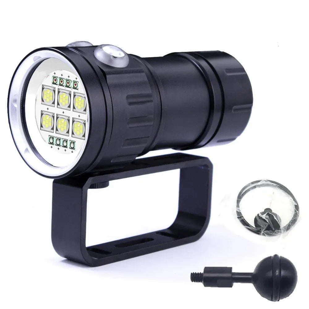 Professional 100W LED diving flashlight with aluminium body, 18650 batteries, handle bracket and ball bracket for underwater photography fill light.
