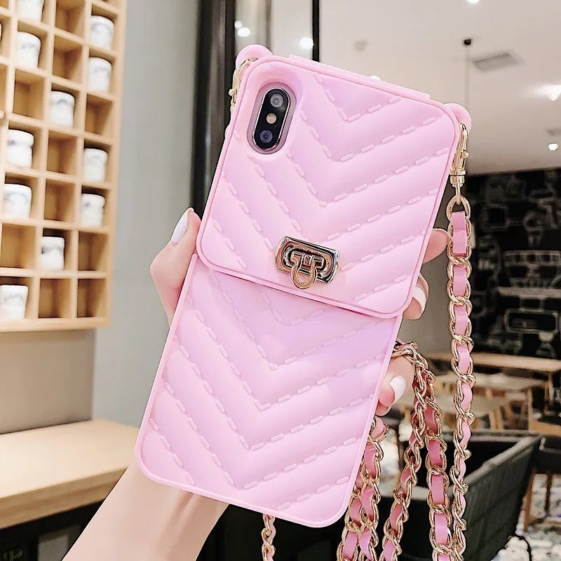 Wallet style phone case with metal chain and card holder in black, pink, red, or white for iPhone