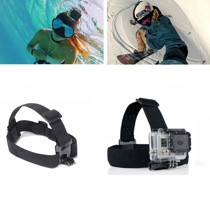 Black sports camera accessories set with mounts and straps for action cameras, multi-piece kit for outdoor filming.