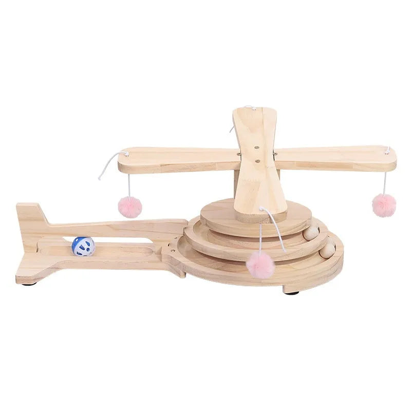 Solid wood cat scratching board toy with rotating turntable mechanism and felt mouse accessories