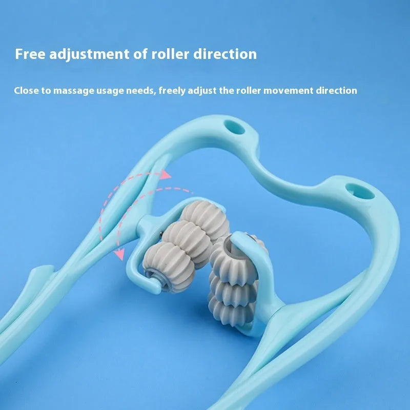 Blue six-wheel electric neck and shoulder massager with U-shaped plastic body on a white background.