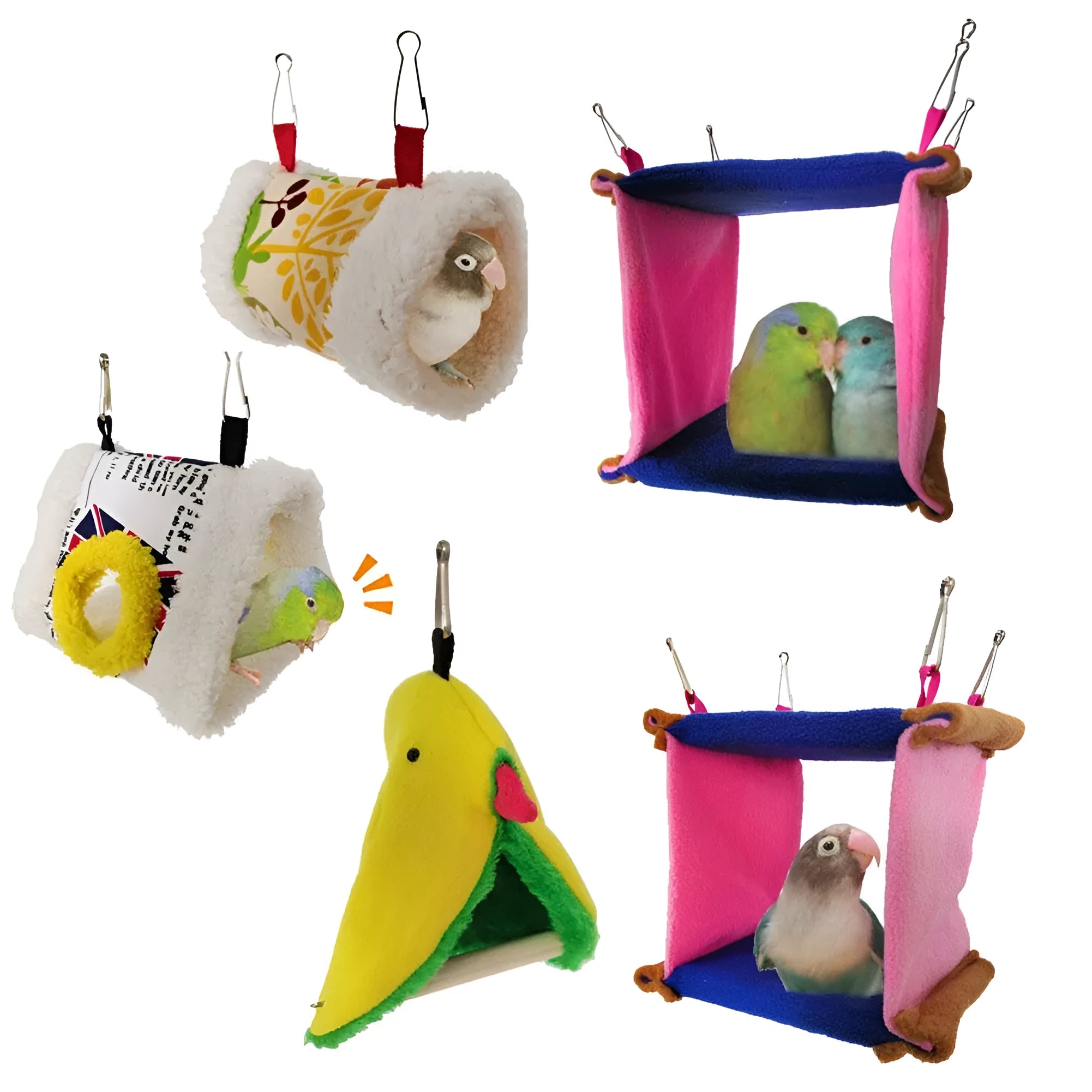 Soft fabric bird nest hammock for small pets with multiple shape options including cylinder and triangle