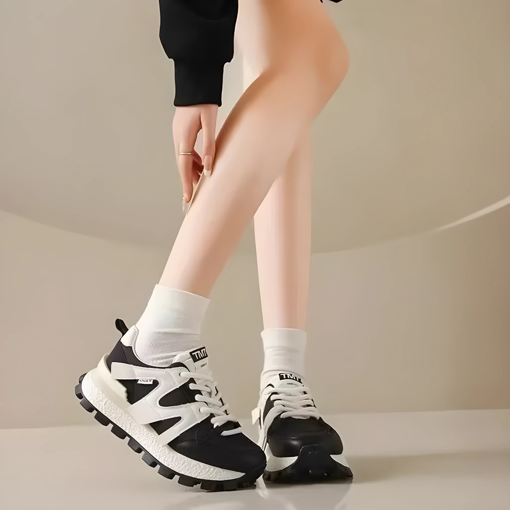 Women's low top round toe platform sneaker in beige with front lace-up closure and non-slip sole