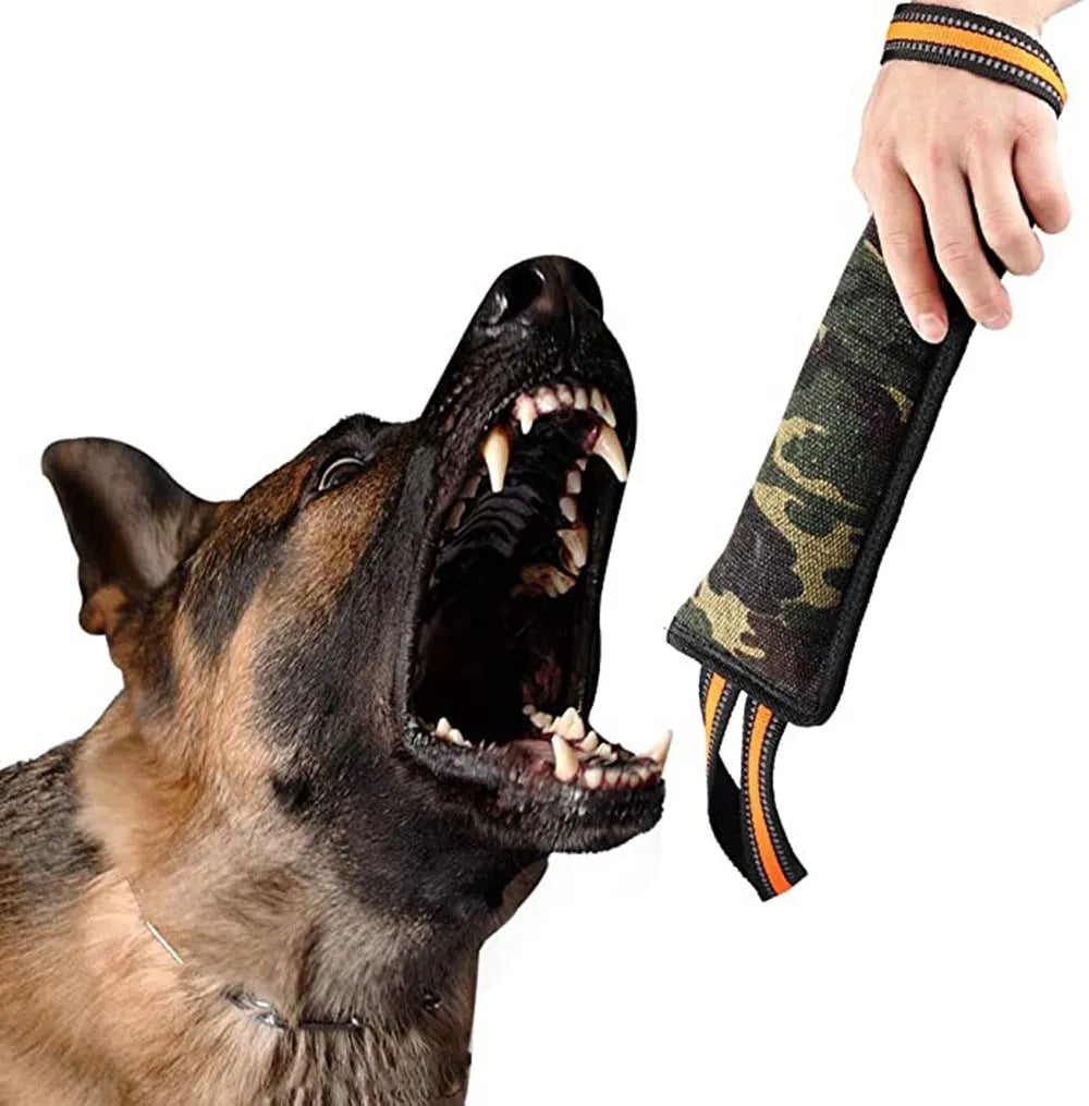 Reflective yellow-edged jute dog bite stick measuring approximately 55cm in length