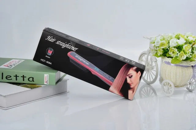 Black and red ceramic hair straightening brush with heated teeth and LED display on white background