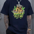 Printed men's summer casual short sleeve breathable polyester T-shirt in black, loose fit pullover with letter pattern