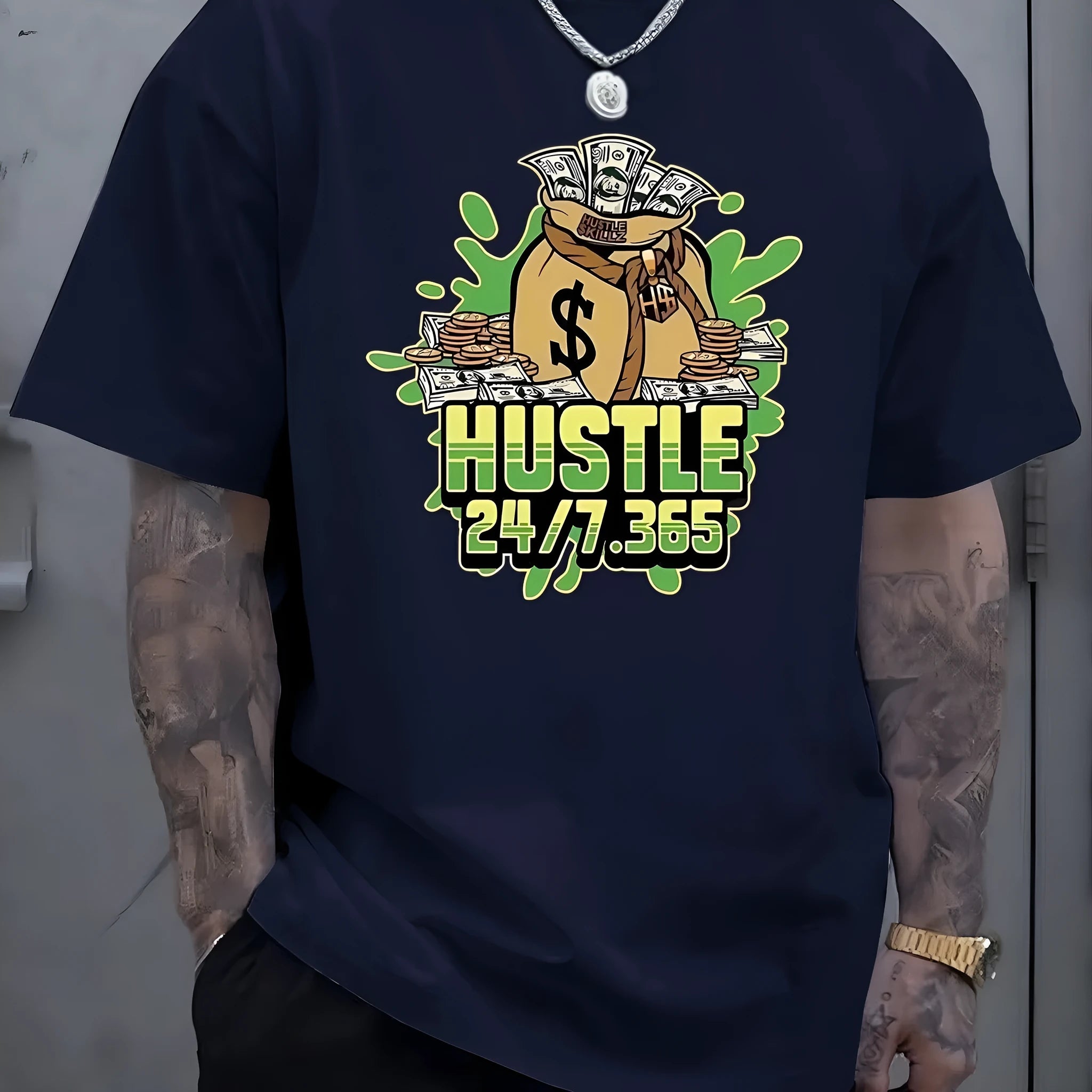 Printed men's summer casual short sleeve breathable polyester T-shirt in black, loose fit pullover with letter pattern
