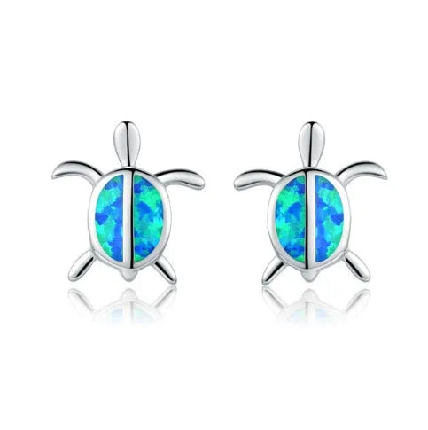 Silver filled blue opal sea turtle pendant necklace with vintage finish