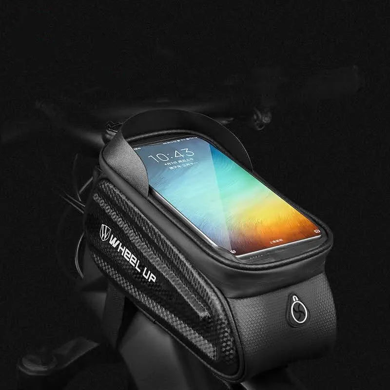 Black and grey EVA bicycle phone bag with reflective strip mounted on a bike frame tube