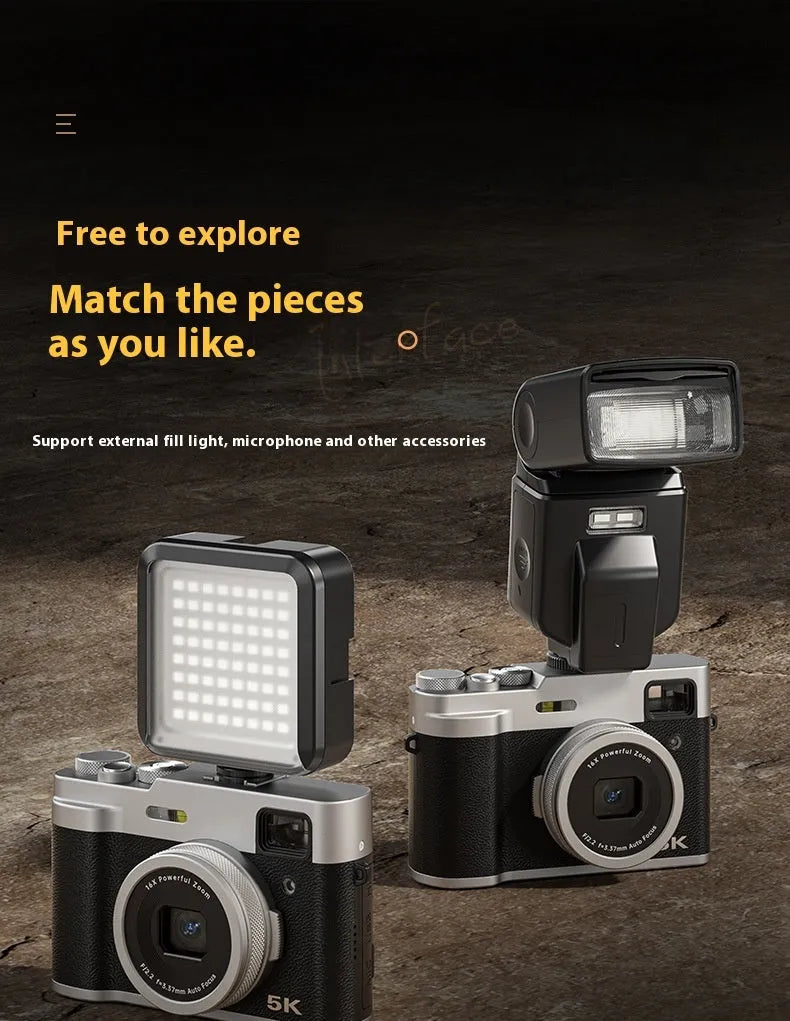 Black 5K digital camera with front and rear lenses, optical viewfinder, and 2.88-inch screen on a strap.