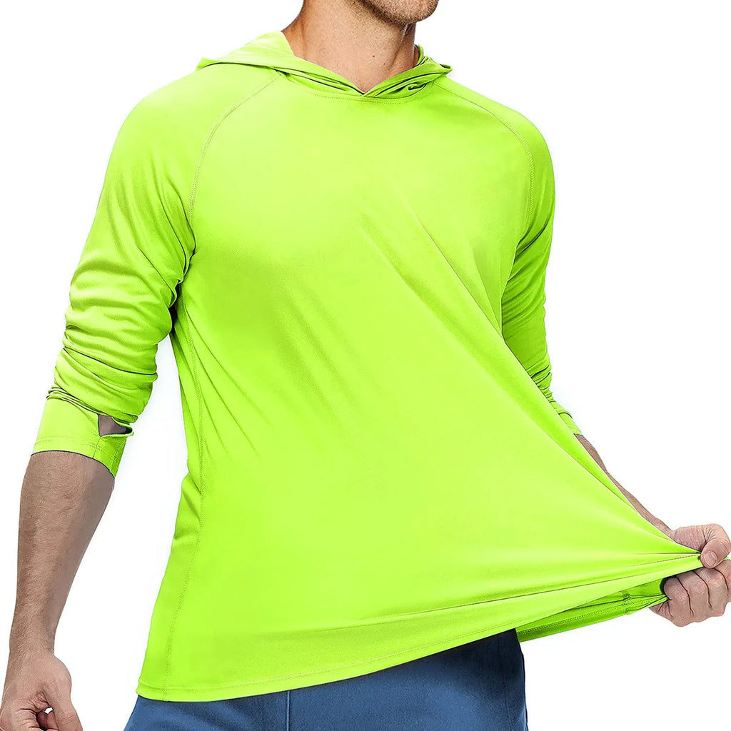 Man wearing a slim fit hooded sun protection suit in army green for outdoor fishing or hiking.