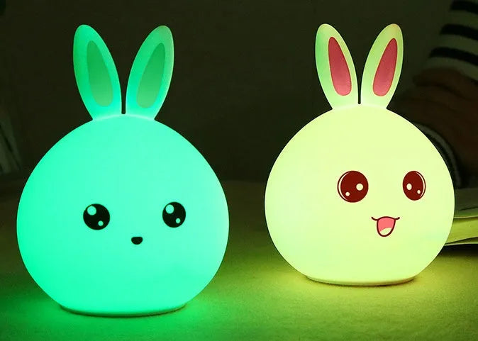 Cute silicone rabbit night light with touch sensor showing 7 LED colours, USB rechargeable, 120 x 108 x 163 mm