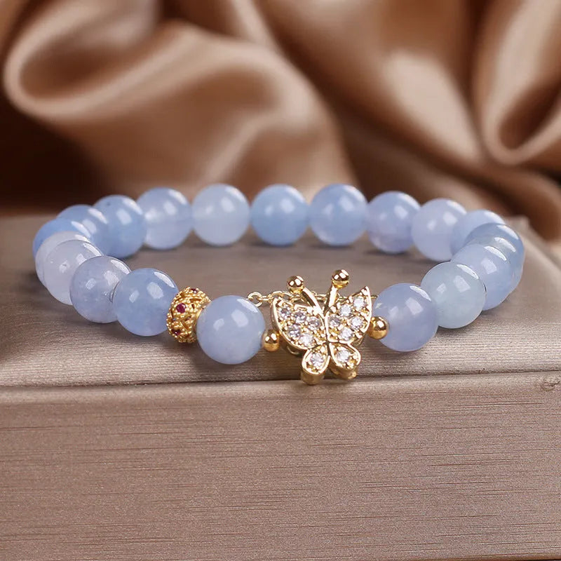 Sky blue aquamarine butterfly crystal bracelet for women with pearls, rhinestones and sequins
