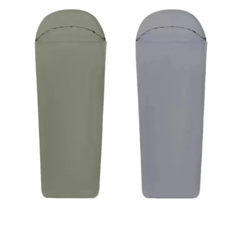 Blue mummy-style nylon camping sleeping bag shown rolled, highlighting its tapered 210cm length and compact design.