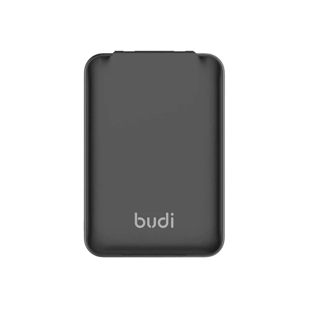 Black budi multi-functional power bank box with USB C cable, adapters, and SIM slots, 5000mAh capacity