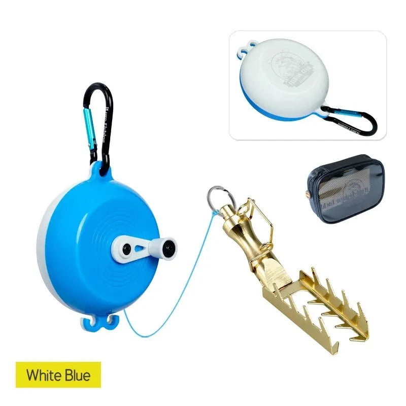 Fishing bait bottom lifter retriever device with coloured wheel and stainless steel hook on spool of braided line.