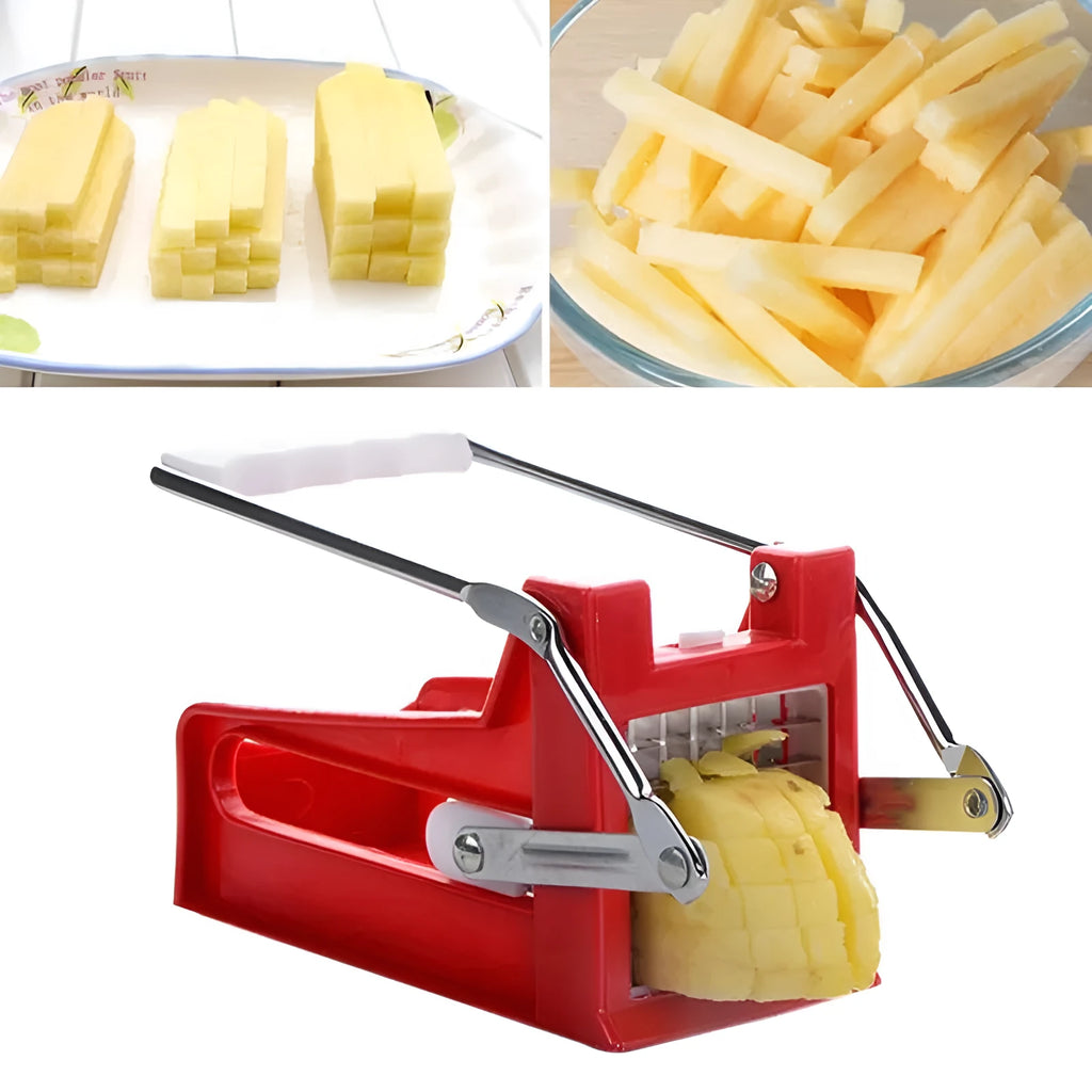 Potato cutter kitchen gadget with two stainless steel blades and non-slip rubber foot