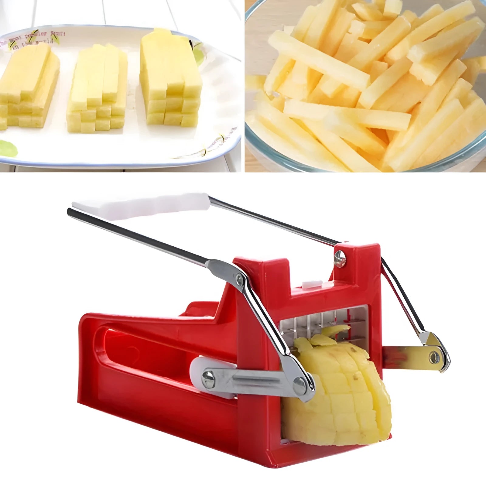 Potato cutter kitchen gadget with two stainless steel blades and non-slip rubber foot