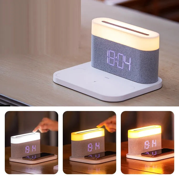 White wireless charging table lamp with integrated alarm clock on bedside table