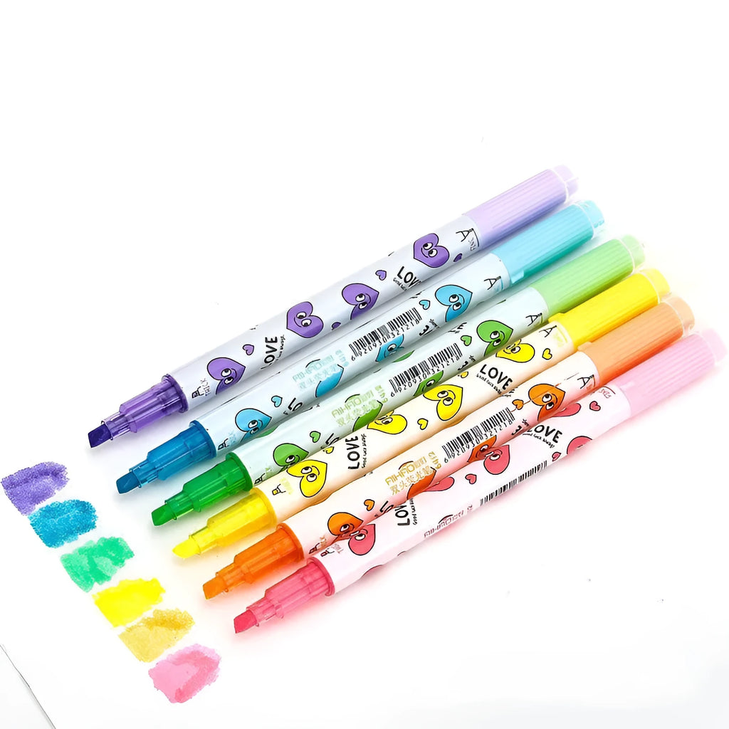 Six double-headed watercolour highlighter pens in pink, orange, yellow, green, blue, and purple colours