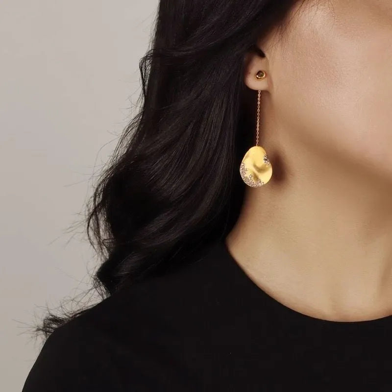 Asymmetric floral earrings with zircon mosaic in gold and silver plating options