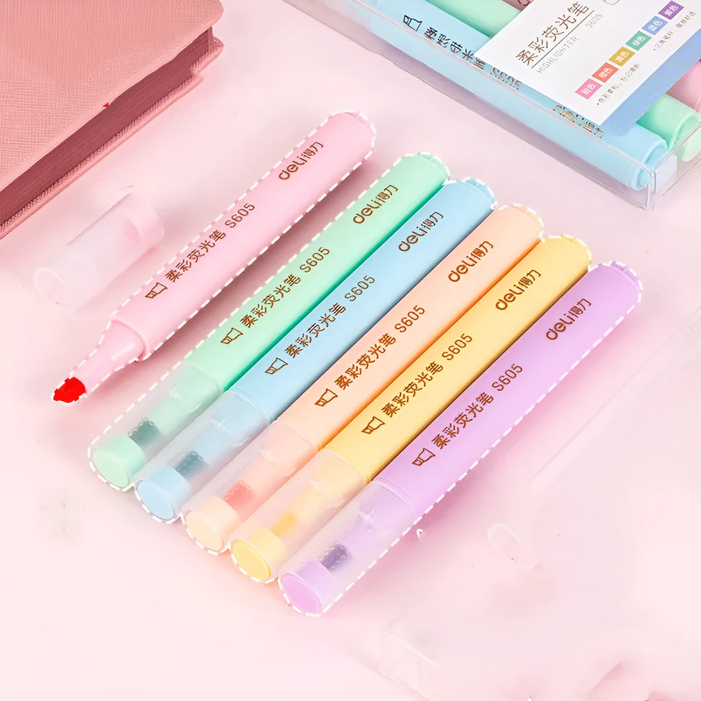 Deli S605 oblique tip highlighter marker pens in Macaron colours with transparent pen holders